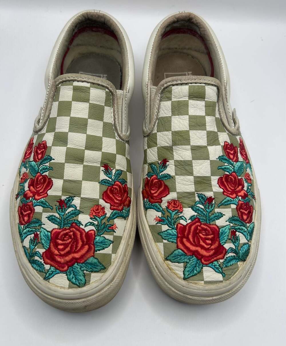 Vans Slip-On DX Rose Embroidery Sage Green Leather Sneakers Size Women 6.5